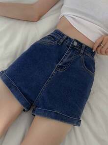高腰纯色紧身牛仔短裤，辣妹风，春夏款 - 深色水洗藍 - 查看 4