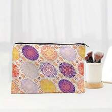 1pc Retro Holiday Style Polyester Canvas Cosmetic Bag, Large Capacity Double-Sided Printed Ladies Makeup Bag, Lightweight Travel Makeup Bag With Zipper, Multifunctional Mandala Print Design, Suitable For Women, Mixed Colors - Thoughtful Gift For Moms, Sisters, Friends, Daily Essential, Joyful Aesthetics, Zipper, Portable Storage Bag, Great Gift For Sisters