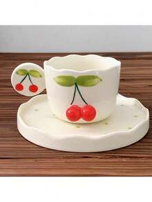 Korean Style Hand-Painted Cherry Blossom Relief Ceramic Cup & Saucer Set, Cute Afternoon Tea/Coffee Mug - Multicolor - View 1