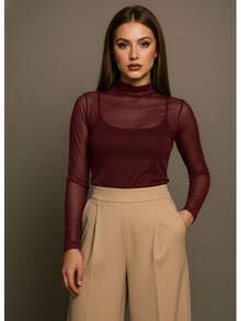 Women's Long Sleeve Tulle Blouse With High Neck, Elegant, Simple, Sheer, No Transparency, Suitable For Evening, Stage, Concerts, And Beach. - Màu Đỏ Sâu - Xem 1