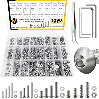 1290 piezas Surtido de tornillos, tuercas y pernos M2 M3 M4 M5, tornillos métricos de acero inoxidable 304 con cabeza de botón y cabeza hueca, surtido de tornillos métricos con arandelas planas/tuercas/llaves hexagonales de 16 tamaños de 8 mm a 20 mm