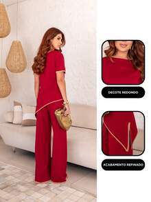 Maria do Luxo Women's Sweatshirt Set, Blouse And Pants With Pockets - Red - View 2