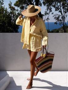 Women's Bohemian Style Elegant Printed 2-Piece Set, Long Sleeve Button-Up Shirt Top And Ruffle Hem Shorts, Non-Stretch Fabric - Yellow - View 1