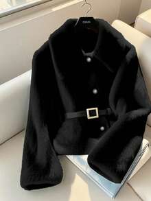 Nueva chaqueta casual con botones delanteros y cuello de piel sintética de unicolor para mujeres, abrigo elegante y lindo de peluche adecuado para fiestas, salidas, ir al trabajo, Navidad y disfraces de Halloween (sin cinturón) - Negro - Ver 3