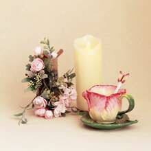 1 Set Handpainted Floral Ceramic Tea Cup & Saucer, 3D Sculpted Rose, Tulip, Daisy Flower Coffee Mug, 1pc 150ml(5oz) Cup With Handle, 1pc Leaf Plate, 1pc Butterfly Spoon, Unique Home Decor, Valentines, Mother's Day, Christmas Gift