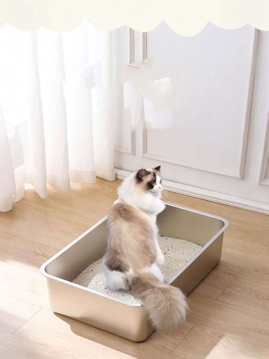 1个不锈钢猫砂盆，加高侧边，加厚防溅，易于清洁，适用于猫咪 - 銀色 - 查看 1