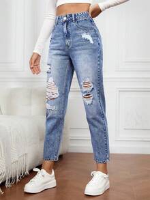 Jeans rotos con ajuste de mamá, cómodos, con detalles rasgados, cierre de cremallera y prácticos bolsillos. Corte informal. - Azul lavado medio - Ver 3