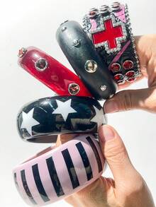 1 chiếc vòng tay nhựa cổ điển, màu đen và hồng, thiết kế nhiều họa tiết ngôi sao và chấm bi, thích hợp để kết hợp hàng ngày, mua sắm, làm quà tặng cho bạn bè, trang sức thời trang - Nhiều màu B - Xem 9