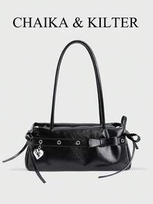 CHAIKA & KILTER 女士纯色PU皮革单肩包，复古时尚法棍包款式，双提手设计，拉链封口，饰有肩带，配有可拆卸可调节肩带，可单肩背或斜挎，适合日常及户外使用。 - 黑色 - 查看 2