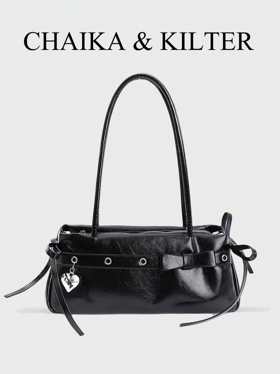 CHAIKA & KILTER 女士纯色PU皮革单肩包，复古时尚法棍包款式，双提手设计，拉链封口，饰有肩带，配有可拆卸可调节肩带，可单肩背或斜挎，适合日常及户外使用。