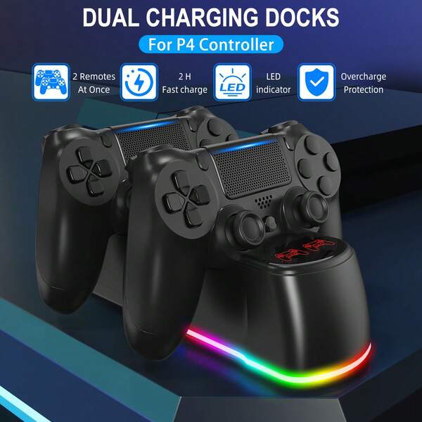 Base de Carregamento Adequada para Controlador P4, com Efeitos de Iluminação RGB Legais, Acompanha Cabo de Dados, Suporta Carregamento de Dois Controles Simultaneamente, Base de Carregamento Dupla Compatível com o Oficial P4, Estação de Carregamento e Suporte Integrados, Atende Perfeitamente às Necessidades dos Jogadores de P4.