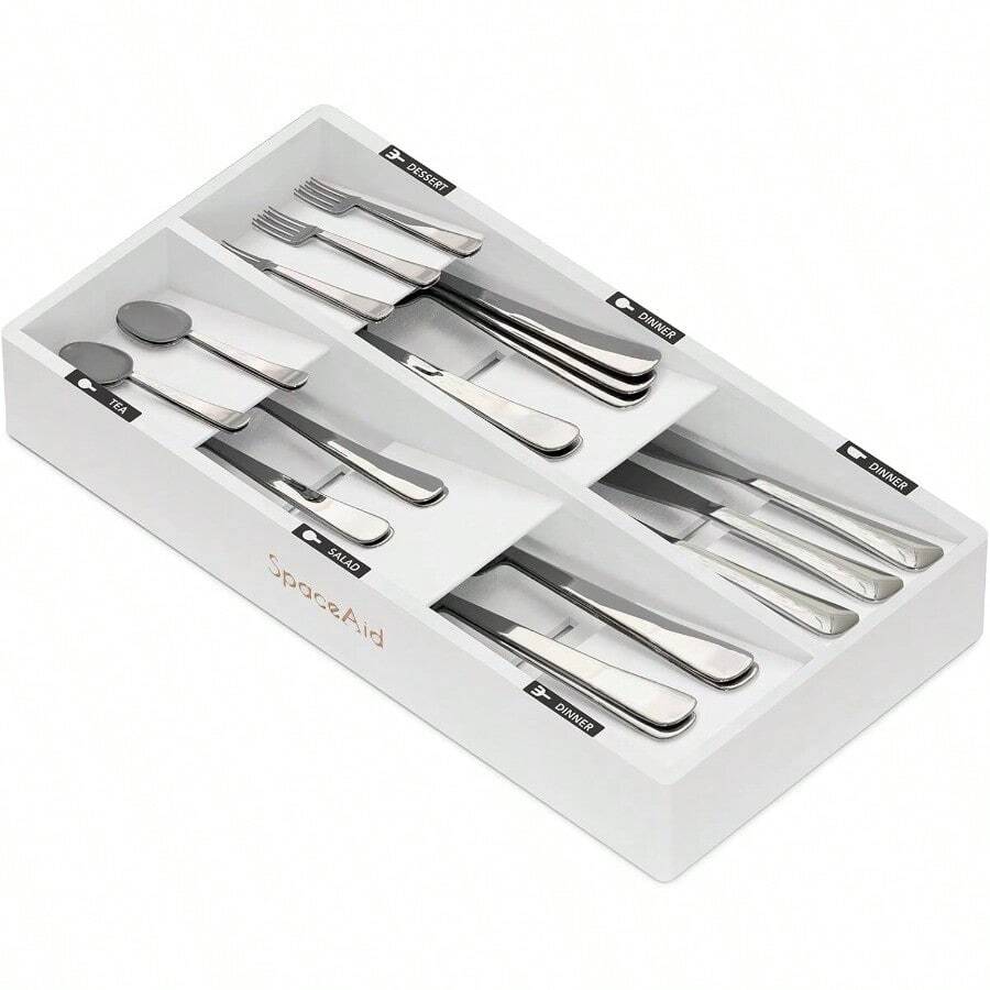 TFKI Bamboo Silverware Drawer Organizer With Labels Kitchen Utensil Tray Holder Organizer For Flatware Cutlery Spoon And Knives Drawer Storage Organization White 6 Slots - 白色 - 查看 1