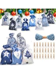 24 个圣诞节降临节礼品袋 DIY 日历挂袋格子抽绳袋袜子储物袋礼物圣诞礼品袋派对礼品袋，24 个日历挂袋格子抽绳袋储物袋礼物圣诞礼品袋派对礼品袋，适用于婚礼、生日、礼物、父亲节、感恩节、圣诞节、新年、节日礼物、圣诞节 - 彩色 - 查看 3