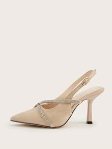 Apricot Faux Suede Rhinestone Decor Pointed Toe Stiletto Heel Pumps, Versatile For Daily Wear, Party, Fashion,High Heels - Apricot - View 4