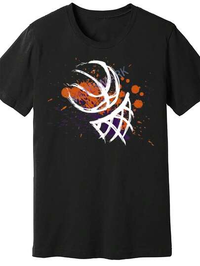 Camiseta de Baloncesto para Hombre en Algodón 100% con Estampado Dinámico Naranja y Blanco - Cuello Redondo Ajuste Casual Manga Corta, Confort Todo el Año, Lavable a Máquina Ropa Deportiva Casual