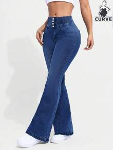 Plus Size Women's Single-Breasted Slim Fit Stretch Denim Flare Pants - Dark Wash - View 1