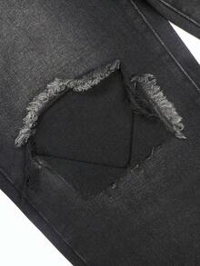 Womens Casual Black Denim Ripped Straight Leg Jeans With Pockets And Zipper Long Plain Style - 黑色 - 查看 9