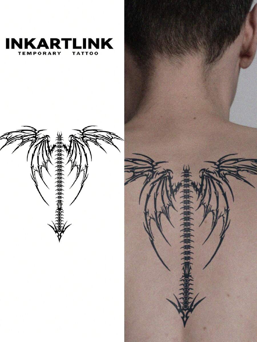 INKARTLINK 哥特暗黑现代纹身贴纸，骷髅龙图腾纹身贴纸，防水，可持续1-2周，适合暗黑风格，欧美夜店装扮。 - 黑色 - 查看 1