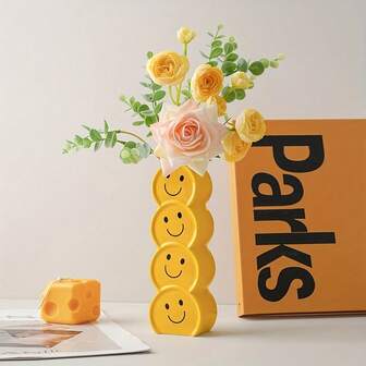 Smiling Face Ceramic Vase - Bright Yellow - Modern Minimalist Home Decor Centerpiece - Stacked Joyful Face Floral Arrangement - Living Room, Office, Party Decor - No Electricity Required - Easy Clean Ceramic, Vase Home Decor, Office Desk Accessory, Fun Design, Easy Maintenance Material