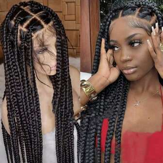 360 Knotless Box Braids Lace Front Wig Hand Tied Full Lace Wig Super Long Full Lace Box Braid Wig With Baby Hairs Synthetic Braided Wigs For Black Women 22 Pieces Big Braids