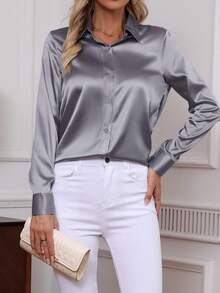 2026 New Elegant Solid Color Button-Down Long Sleeve Shirt, Classic Workwear Blouse For Women Spring - Grey - View 7
