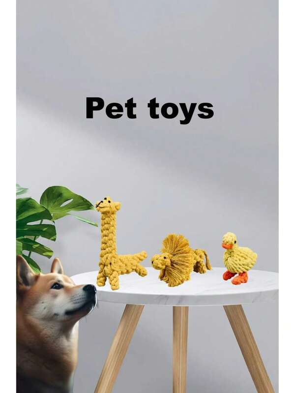 3pcs/Pet Interactive Chewable Cotton Rope Toy Set With Giraffe, Duck, And Lion Shapes. Made Of Natural Cotton Rope, It Helps Dogs Chew, Entertain Themselves, And Interact, Providing Dental Care, Relieving Boredom, Enriching Pet Life, And Enhancing Their Happiness.