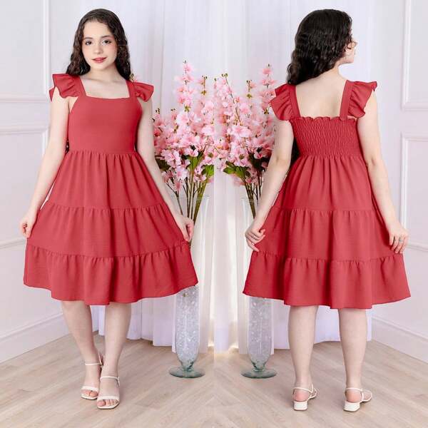 Vestido Infantil e Juvenil Midi Duna com Alça de Babado e Saia em Camadas – Elegante, Confortável e Não Amassa