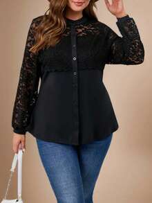 Plus Size Women Casual Vacation Black Shirt Contrast Lace Blouse - Black - View 8
