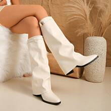 1 Pair Wide Shaft Folding Pleated Denim Boots, Metal Buckle Details Elevate The Sophistication, Solid Color Western Style Super Fiber Leather Button Mid-Calf & Knee-High Boots, Holiday - White - View 11