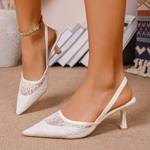 Women's 7cm High Heel Mesh Floral Sandals, Black Pointed Toe Kitten Heel Elastic Strap Sandals, Fairy Style - White - View 11