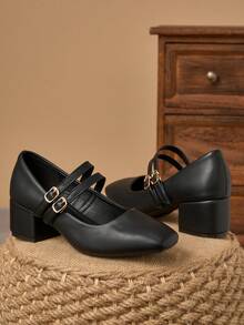 MonaNise 女士5厘米布面包跟时尚金属星空黑色玛丽珍粗跟平底鞋 - 黑色 - 查看 3