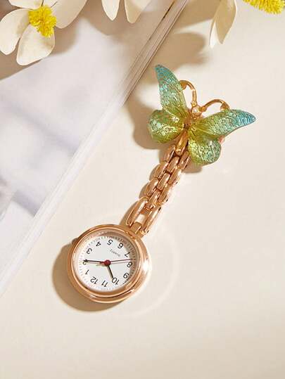 1 pieza Correa de reloj de enfermera en color oro rosa con esfera de dibujo de mariposa