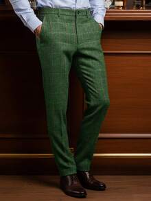 Men's Dress Pants Herringbone Vintage Plaid Classic Fit Siut Separates Slim Stylish Wool Casual Business Suit Pants - 綠色 - 查看 3