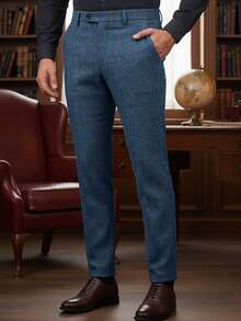 Men's Dress Pants Herringbone Vintage Plaid Classic Fit Siut Separates Slim Stylish Wool Casual Business Suit Pants - 藍色 - 查看 2