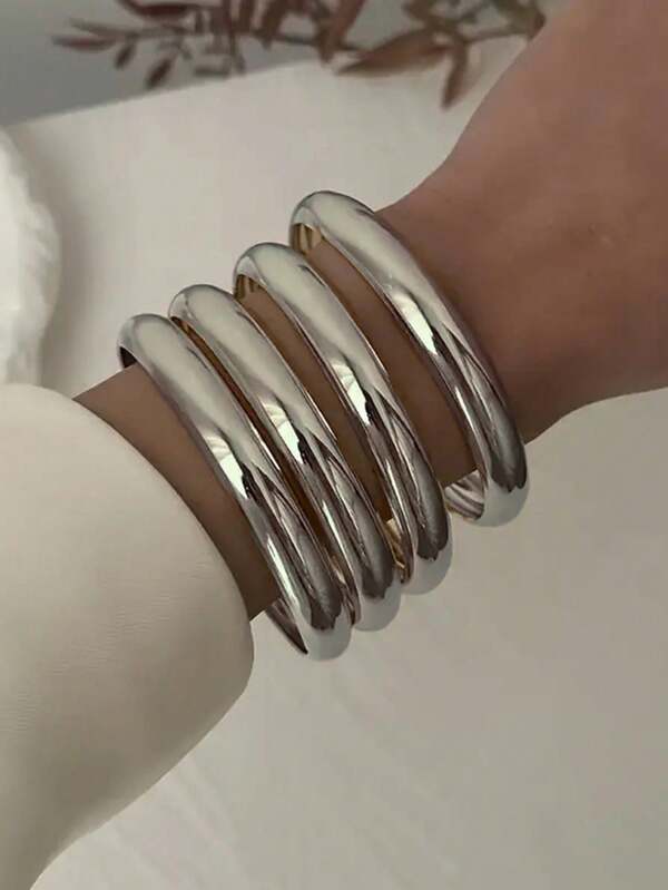 4pcs Set Casual Exaggerated Minimalist Elegant Smooth Bangle Bracelet Set, Suitable For Women's Vacation, Party, Date, Travel, Daily Matching (Slight Color Difference Is Normal And Unavoidable)
