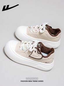 1 Pair WARRIOR Women's Thick Sole Lace-Up Soft Bottom Casual Shoes, Low-Top Outdoor Flat Shoes, Round Toe Low Heel Non-Slip Solid Color Elegant Soft Bottom Hiking Shoes, Suitable For Students, Graduation Photos, Flat Shoes, Low-Top Leather Face Sports Skateboard Shoes