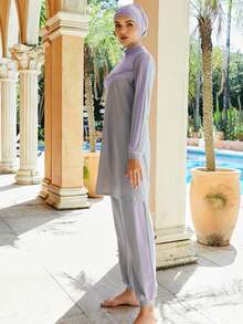 VFJ 女士泳装，伊斯兰风格端庄泳装三件套，灰粉色拼接全套，含头巾，长袖布基尼连衣裙+裤子，度假款 - 紫色 - 查看 6