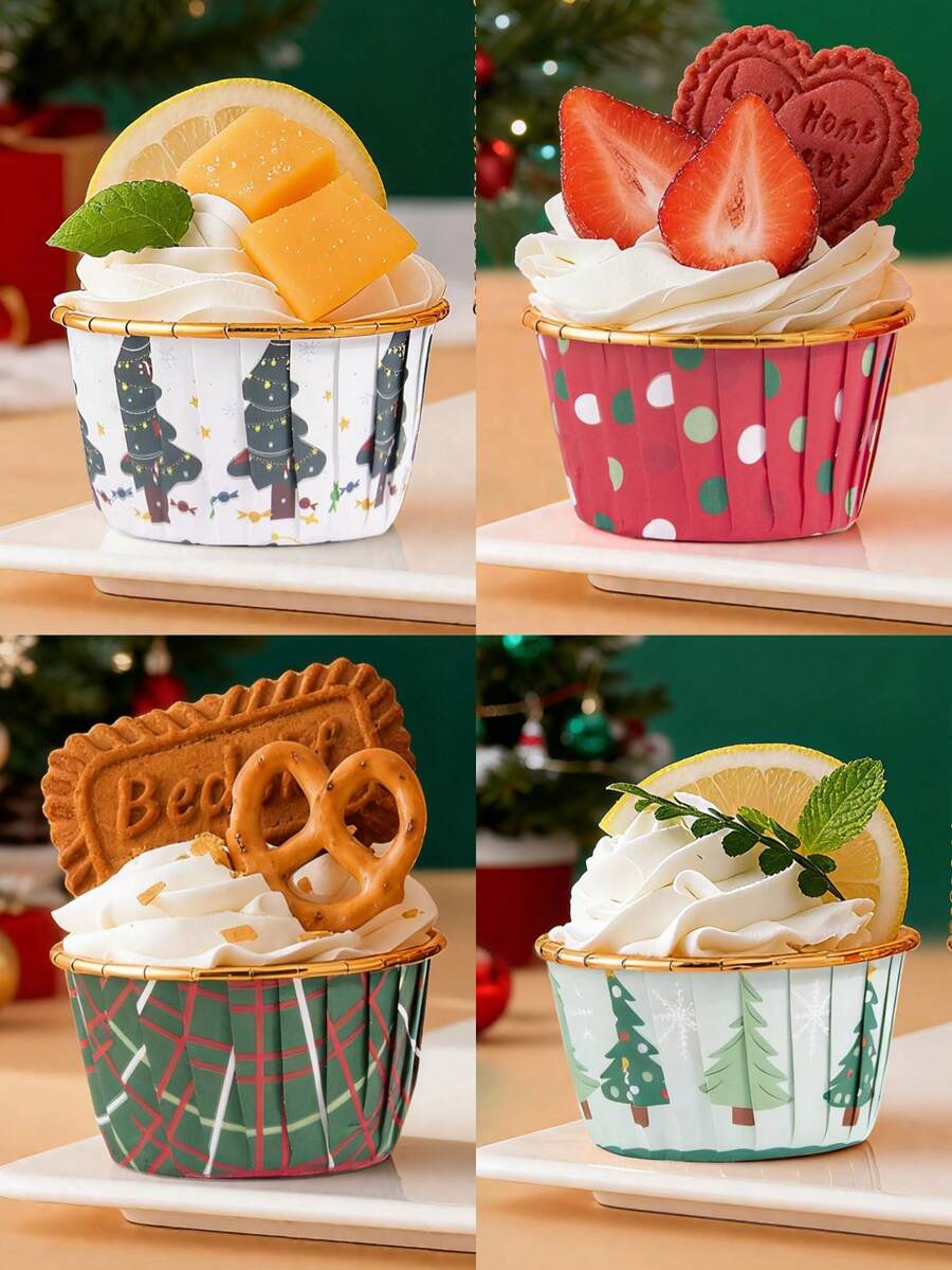 50pcs-Christmas Cake Paper Cups, Dessert Cup,Muffin Cups,Cupcake Cups For Bakery Paper Cups, Cupcake Cases, Waterproof And Oil Resistant Paper, Cake Molds,Desserts Table Baking Muffins, Chiffon, Mousse Cupcakes High Temperature Aluminum Foil Cupcake Cups Bread Oven Cake Trays Suitable,Christmas Theme Party