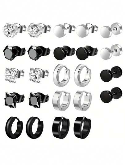 YUNCHUN 12件套简约不锈钢耳环套装，适合日常佩戴和派对场合，男士简约设计