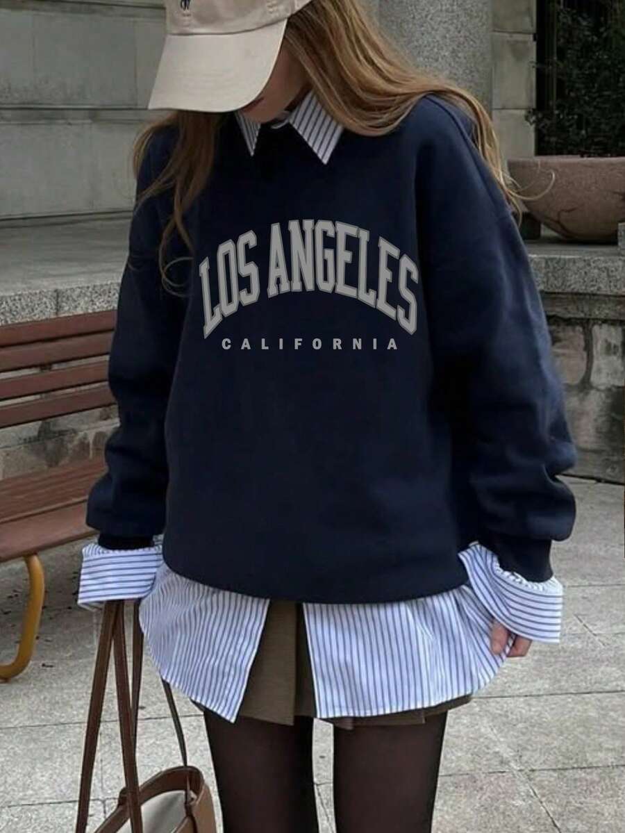 Felpa casual da donna con scollo a equipaggio, nuova stampa inglese a blocchi di colore, versatile e alla moda, adatta per l'autunno/inverno