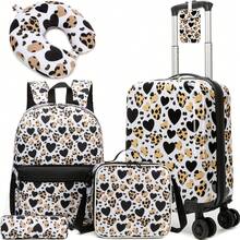 5 件女孩旅行箱套装适合女孩的书包可爱女孩背包 8-10 岁带斜挎包儿童书包套装旅行背包适合小学生背包上学用品（颈枕手柄随机发货）