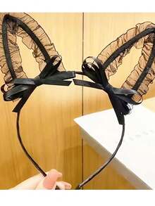 Black Lace Cat Ear Headband With Gold Bells And Bowknot - Cute And Fashionable Hair Accessories For Women, Perfect For Makeup, Skincare, Or Casual Wear Halloween Party Decorations - 貓咪耳網 - 查看 6