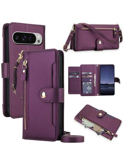 Crossbody PU Faux Leather Wallet Case Suitable For 10 9A 9 8A 8 Pro XL, Kickstand Zipper RFID Blocking Mobile Phone Bag Suitable For Google Pixel10ProXL Pixel10Pro Pixel10 Pixel9A Pixel9ProXL Pixel9Pro Pixel9 Pixel8A Pixel8Pro Pixel8 With Wrist Strap Cover