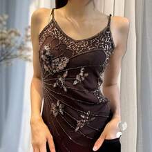 Women Y2k Fairy Sequin Butterfly Cami Tops Sleeveless Spaghetti Strap Mesh Sheer Crop Tank Tops See Through Camisole Summer Slim Fitted Shirt Vintage Aesthetic Clothes 2000S Streetwear - 咖啡棕 - 查看 2