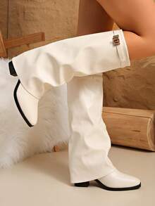 1 Pair Wide Shaft Folding Pleated Denim Boots, Metal Buckle Details Elevate The Sophistication, Solid Color Western Style Super Fiber Leather Button Mid-Calf & Knee-High Boots, Holiday - White - View 3