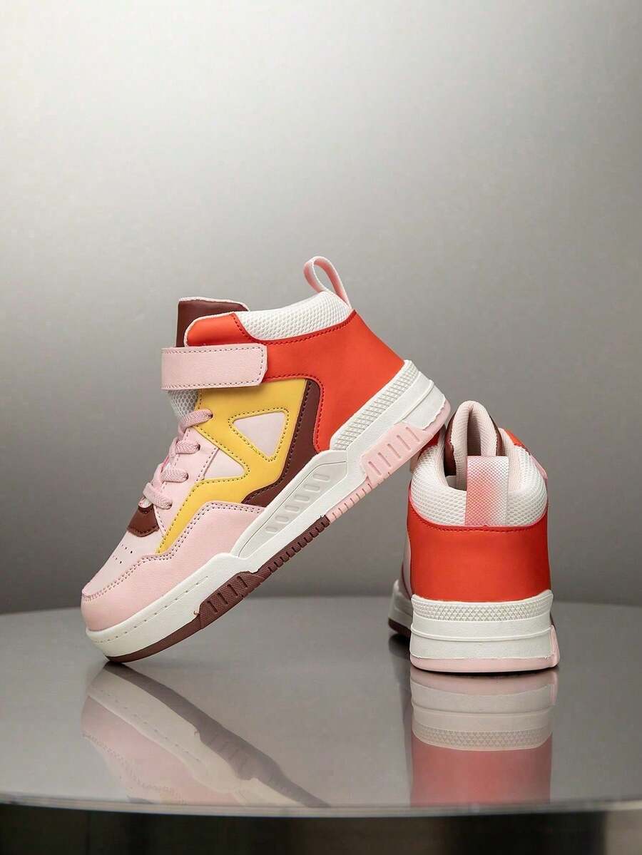 زوج من أحذية رياضية عالية الكاحل للأطفال، جلد PU، أحذية كاجوال للداخل/الخارج، سهلة الارتداء، مانعة للانزلاق، قابلة للتنفس، مريحة، تصميم بتصميم ملون موحد للجنسين - بطيخ وردي اللون - مشاهدة 1