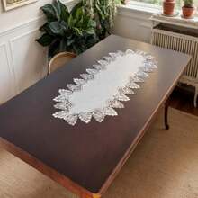 Față de masă lungă din poliester de culoarea inului, cu dantelă solubilă în apă, brodată în două tonuri - Element esențial pentru bucătărie, ideal pentru decorul casei, întâlniri de familie, sărbători, picnicuri și decor în stil rustic