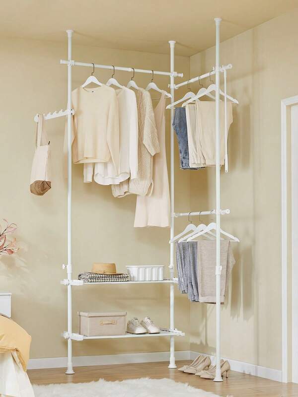 SoBuy FRG34-HG, Telescopic Wardrobe Organiser, Hanging Rail, Clothes Rack, Adjustable Storage Shelving, Grey