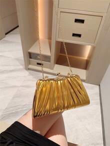 1 Piece Vintage Women's Evening Bag, Gold Fashionable Elegant High-End Synthetic Leather Crinkle Texture Evening Handbag, Distinctive Metal Handle Cosmetic Bag, Wallet, Shoulder Bag With Metal Chain, Suitable For Weddings, Celebrations, Parties, Gold Bag - Gold - View 9