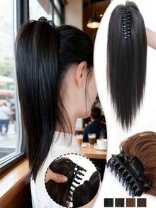 14英寸半扎直马尾辫，带爪夹 - 耐热合成瀑布式假发，适合女性、圣诞派对和日常佩戴，轻松夹戴，无需编发（黑色/棕色） - 彩色 - 查看 2